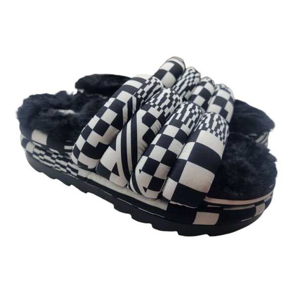 UGG Shoes Womens 9 Multicolor MAXI CHECKS SLIDE Chunky Fur Hippie  1130842 - Picture 1 of 11